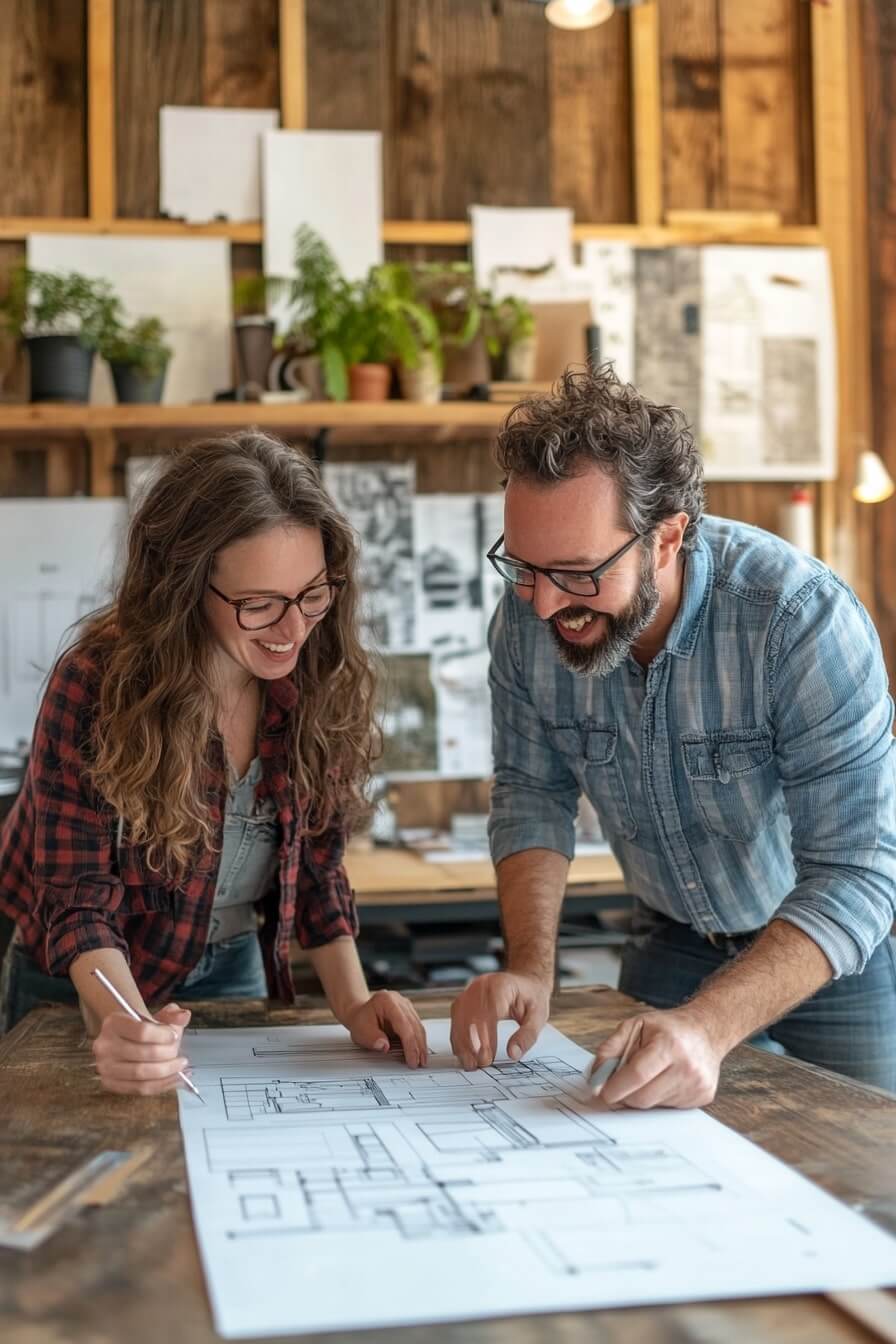 Two individuals stand together, reviewing plans for a tiny home project. They appear focused and engaged, with various design documents and tools spread out on a table in front of them. The setting suggests a collaborative workspace dedicated to innovative housing solutions.
